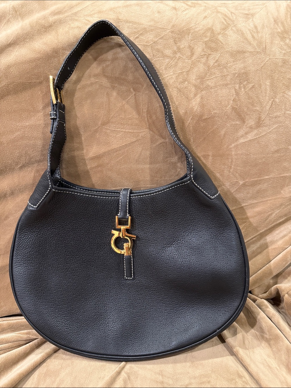 Salvatore Ferragamo Black Leather Hobo with Gold Gancini